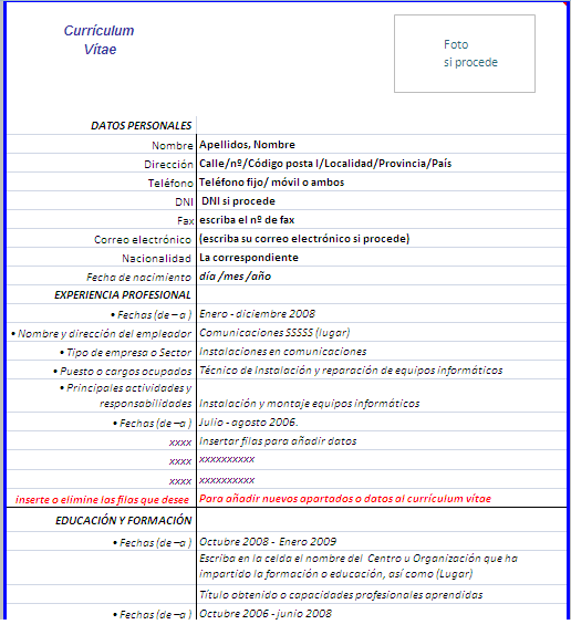 Imagen de la parte de arriba del ejemplo CV, que puede servir de referencia.