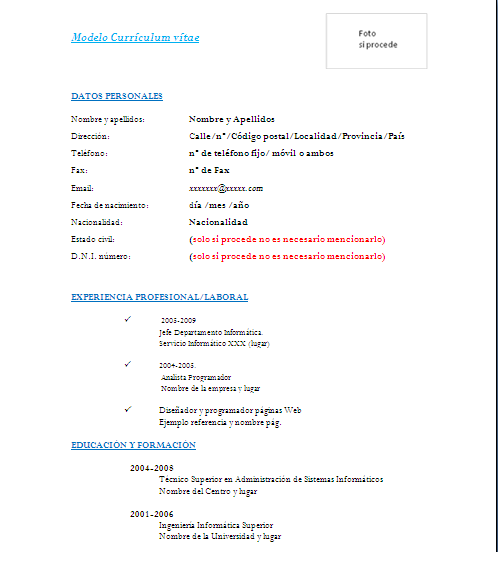 ejemplos curriculum vitae. Este es un modelo de CV que