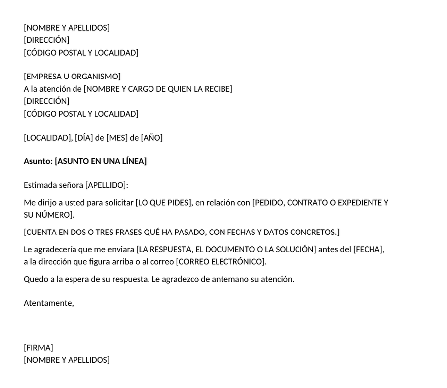Modelo de carta formal con remitente, destinatario, lugar y fecha, saludo con dos puntos, frases de cierre y despedida Atentamente, con los datos entre corchetes
