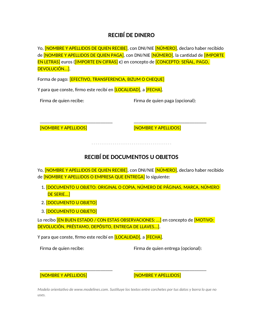 Modelo de recibí en Word con dos versiones en la misma hoja: recibí de dinero con importe en letras y en cifras, y recibí de documentos u objetos con una lista numerada y las firmas