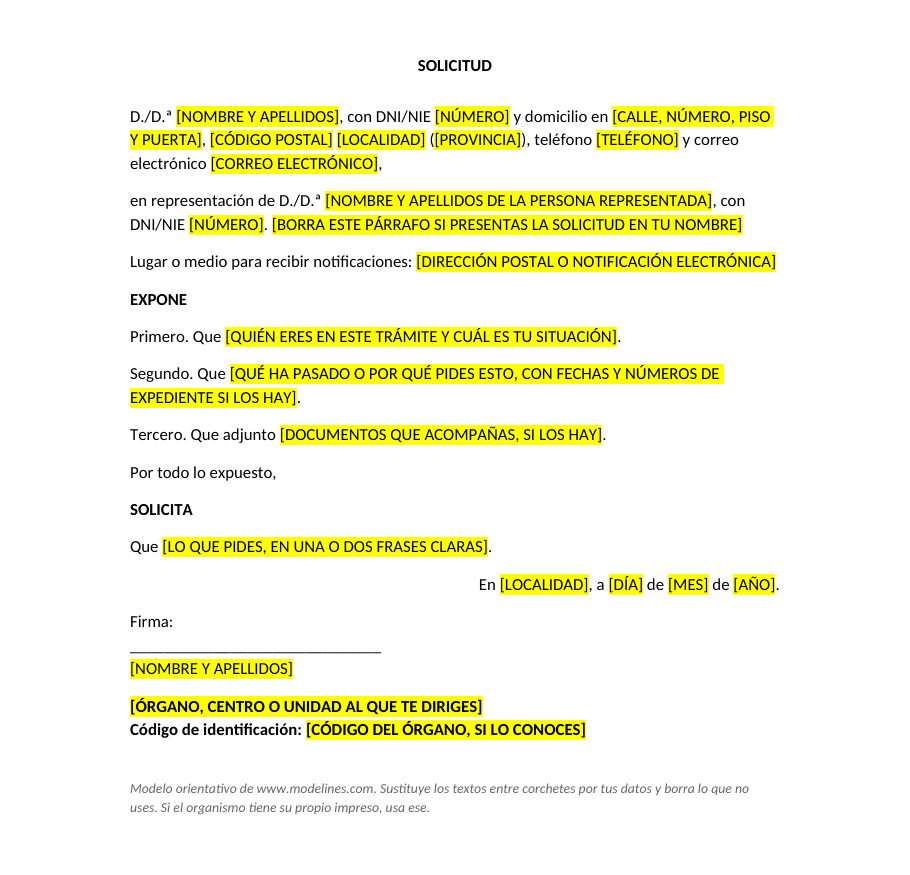 Modelo de instancia o solicitud con los datos del solicitante, los apartados EXPONE y SOLICITA, lugar y fecha, firma y el órgano al que se dirige