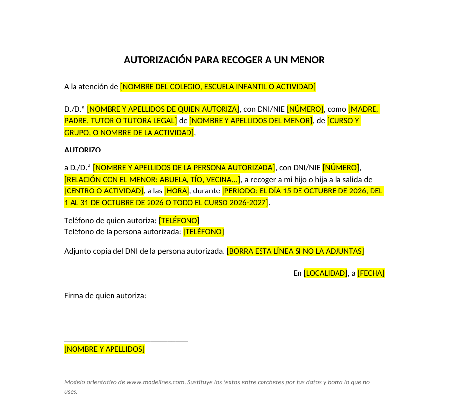 Modelo de autorización para recoger a un menor en el colegio, con los datos de la madre, padre o tutor, del menor, de la persona autorizada con su DNI, el horario, el periodo y la firma