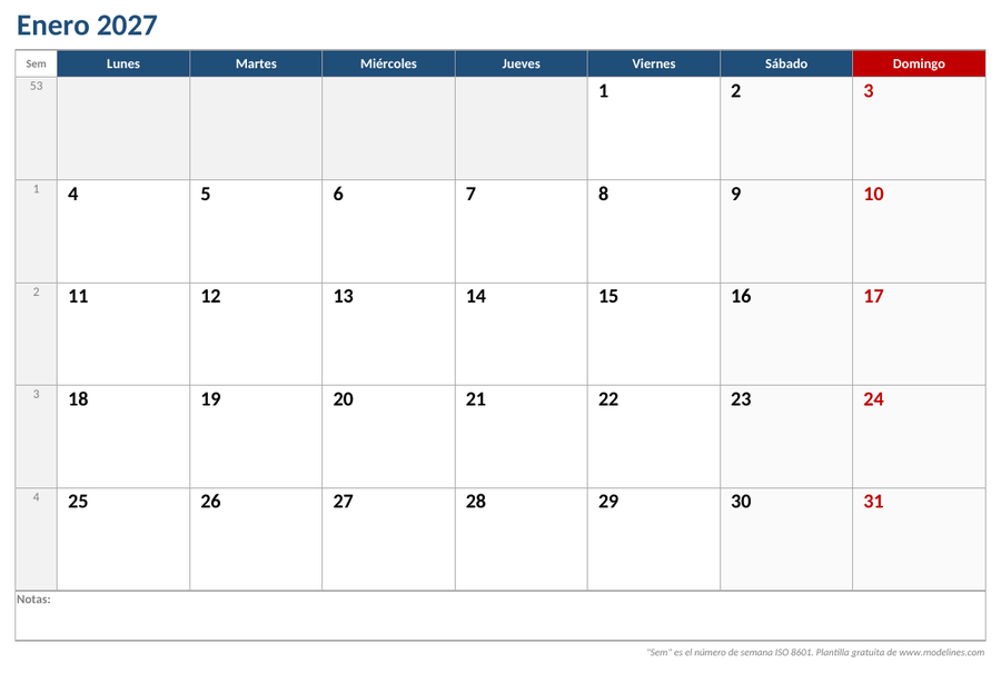 Página de enero de 2027 del calendario mensual para imprimir, con casillas grandes por día, número de semana y fila de notas