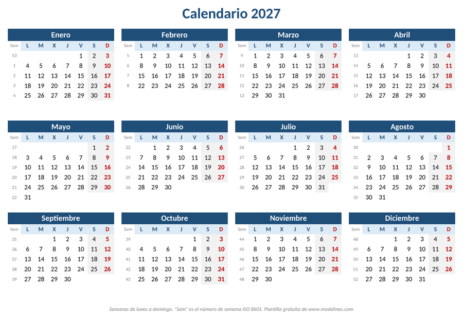 Calendario anual 2027 en una hoja A4 apaisada con los doce meses, semanas de lunes a domingo, domingos en rojo y número de semana a la izquierda