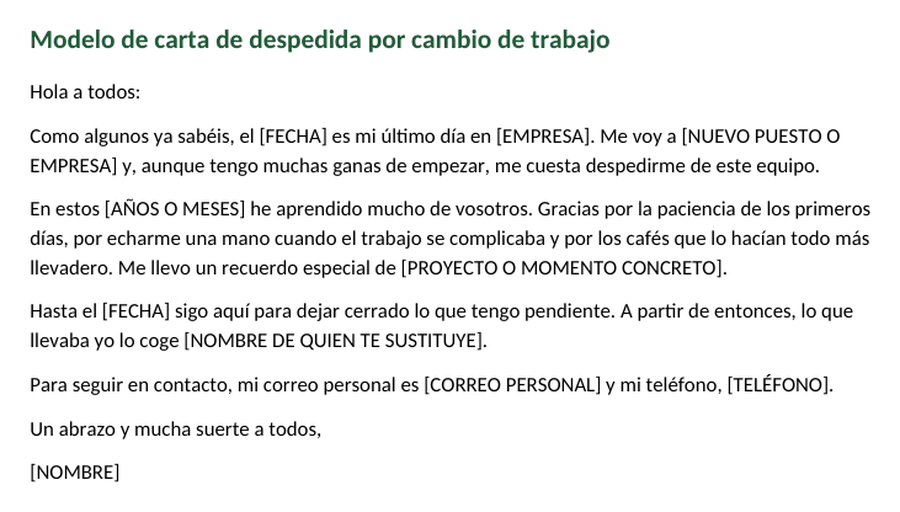 Modelo de carta de despedida a los compañeros de trabajo por cambio de empresa, con los datos a rellenar entre corchetes