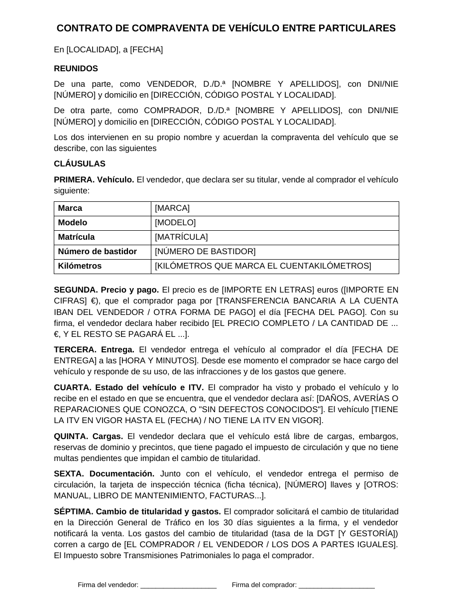 Modelo de contrato de compraventa de vehículo entre particulares con los datos de vendedor y comprador, una tabla con marca, modelo, matrícula, bastidor y kilómetros, y las cláusulas de precio, entrega, estado, ITV, cargas, documentación y gastos