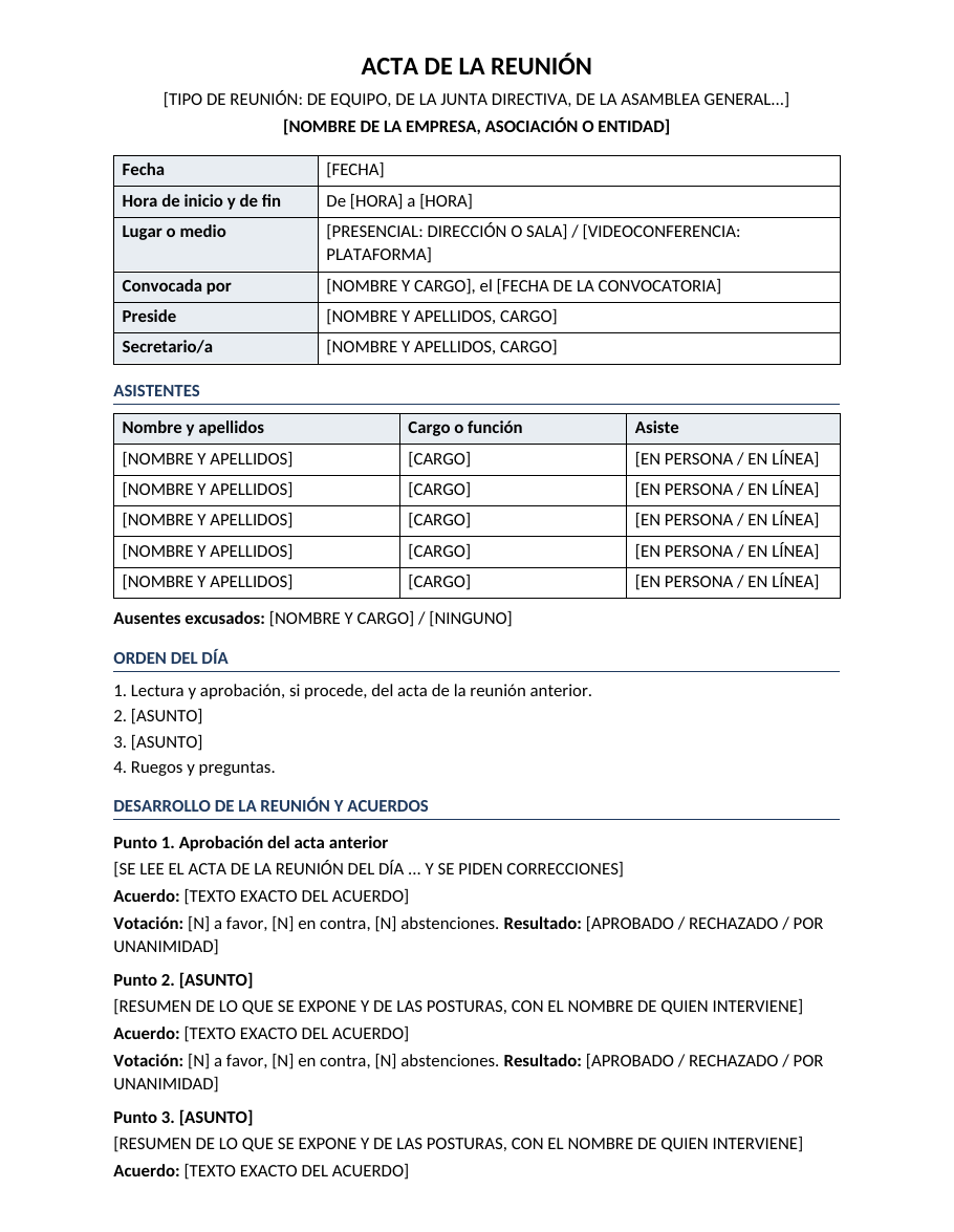 Modelo de acta de reunión en Word con la fecha, la hora de inicio y de fin, el lugar o la videoconferencia, una tabla de asistentes con su cargo, el orden del día y los acuerdos de cada punto con la votación