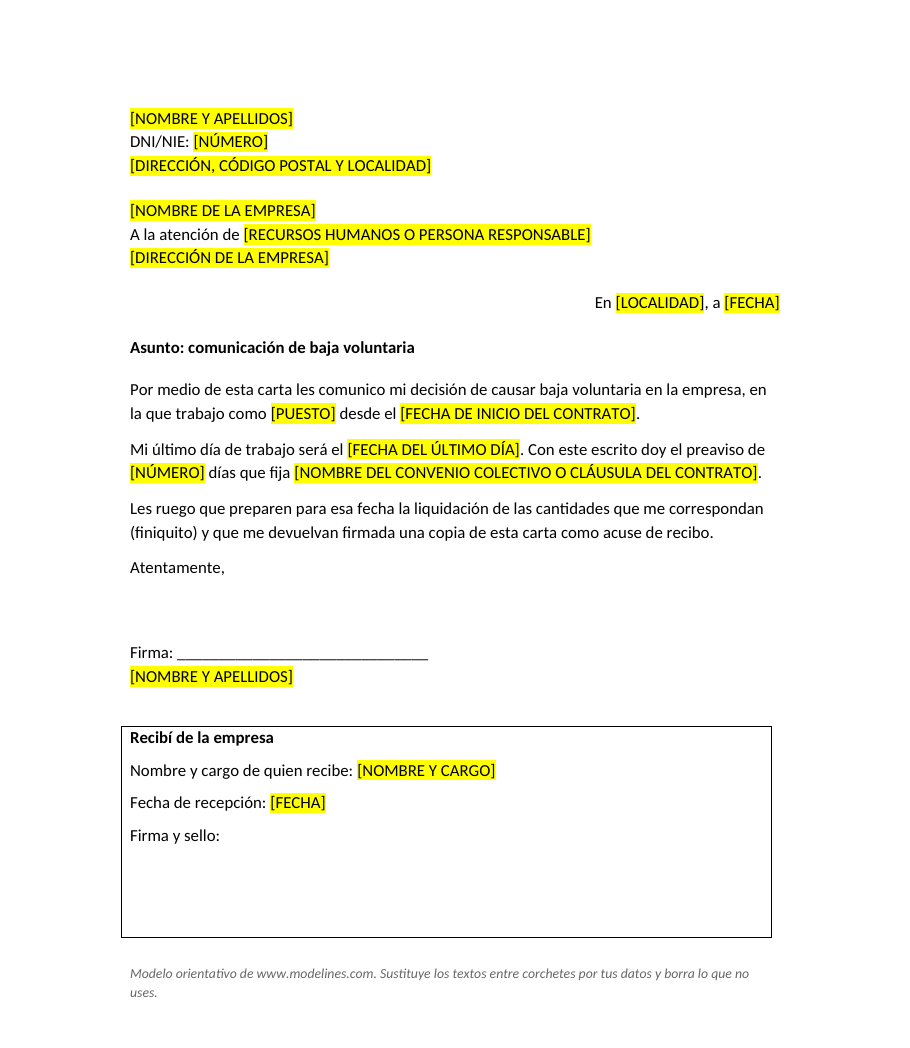Modelo de carta de baja voluntaria con los datos del trabajador y de la empresa, la fecha del último día de trabajo, el preaviso y un recuadro para el recibí de la empresa