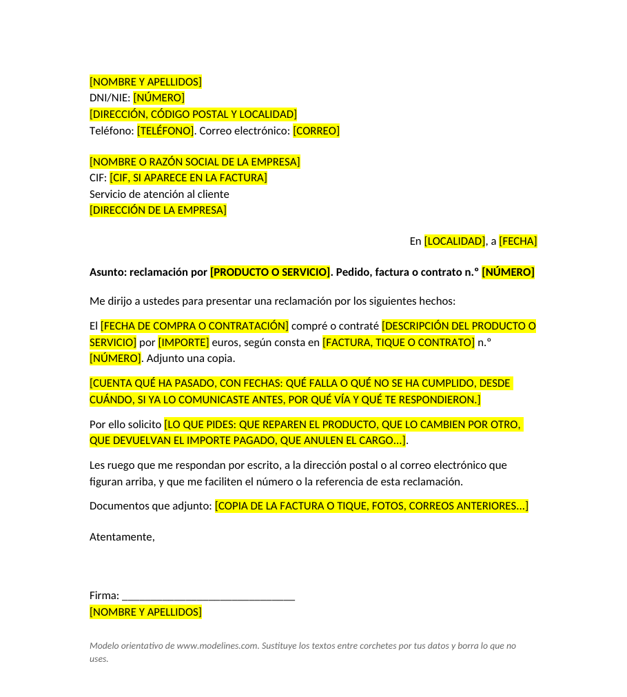 Modelo de carta de reclamación a una empresa con los datos del consumidor y de la empresa, el número de pedido o factura, los hechos, lo que se pide y los documentos adjuntos