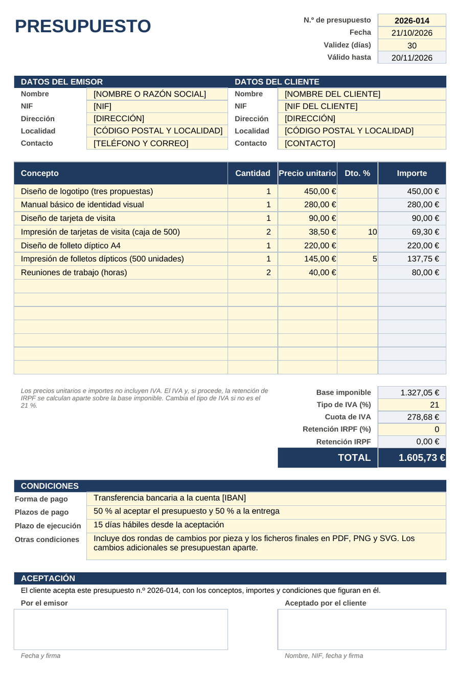 Modelo de presupuesto en Excel relleno con siete conceptos de diseño gráfico e imprenta, descuentos por línea, base imponible, IVA al 21 %, total de 1.605,73 euros, condiciones de pago y casillas de firma